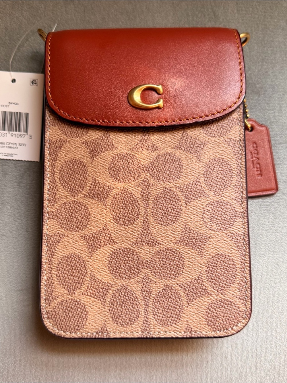 Coach Phone Crossbody Signature Canvas Tan Rust CJ355 NWT